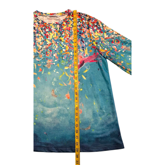 Misslook Hippie Party Tee Shirt Tunic Blouse Womens XL Blue Hummingbird Confetti - Picture 12 of 16